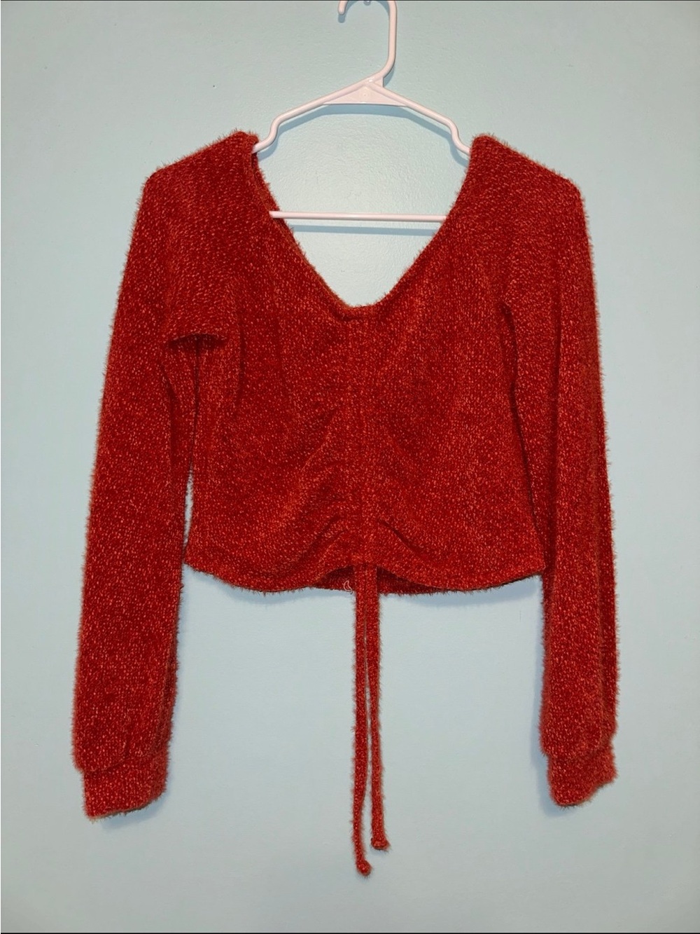 Hollister Red Fuzzy V-Neck Cropped Drawstring Sweater
